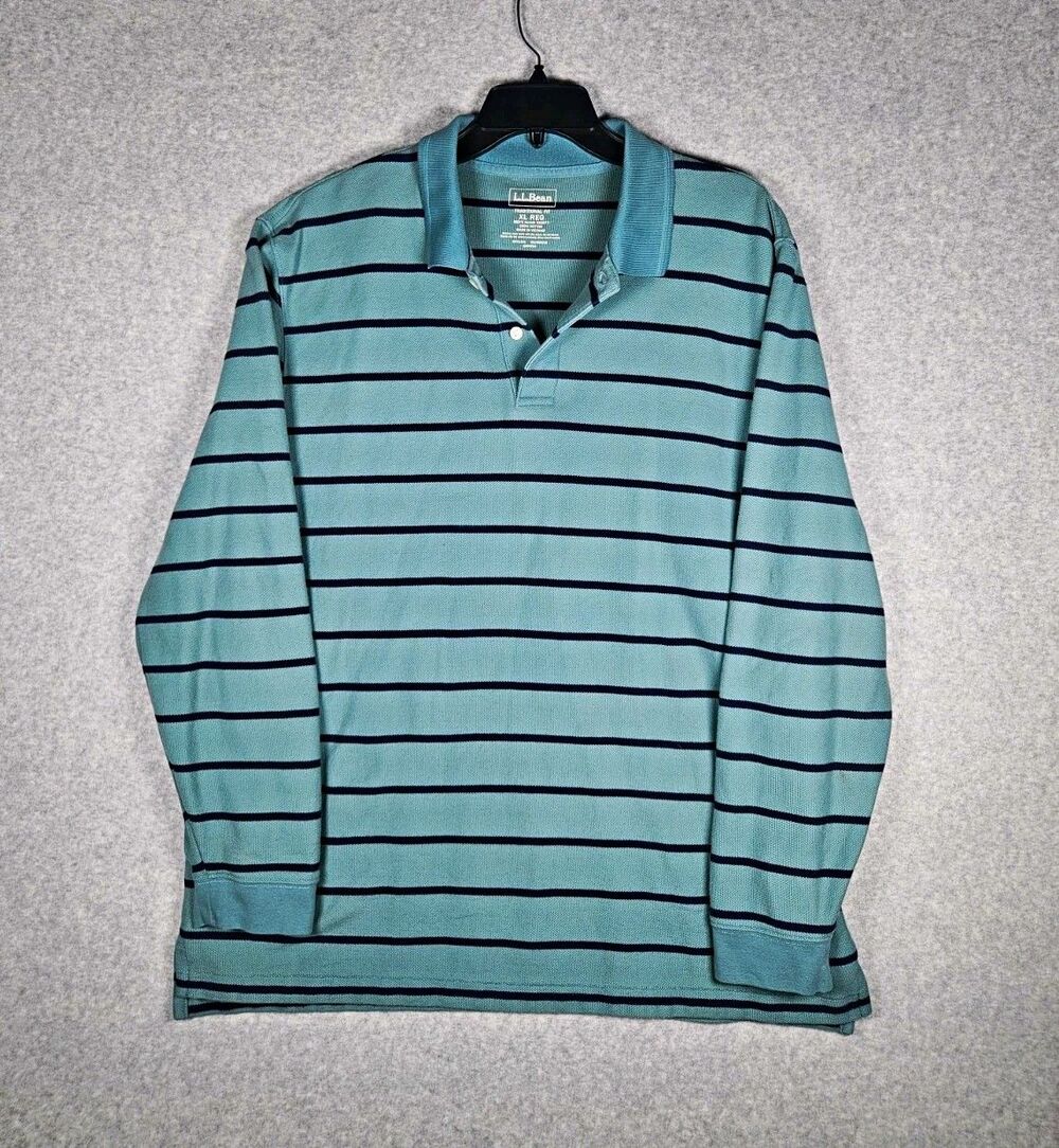 LL Bean Premium Double L Polo Shirt Mens XL Teal Blue Striped Long Sleeve Golf